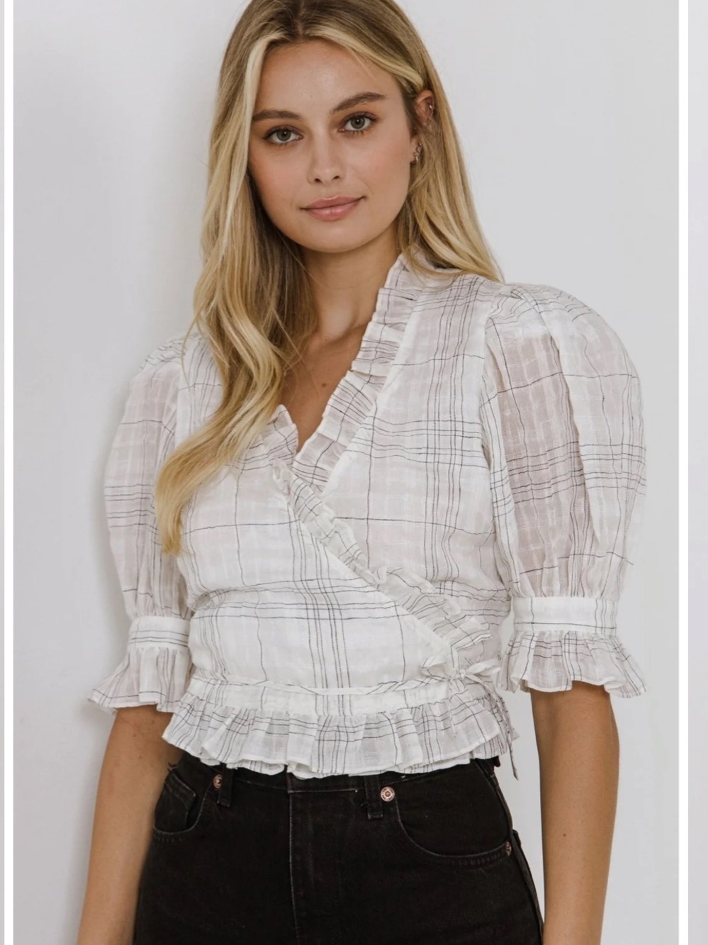 NWT Endless Rose Check Print 100% linen wrap top white black medium m